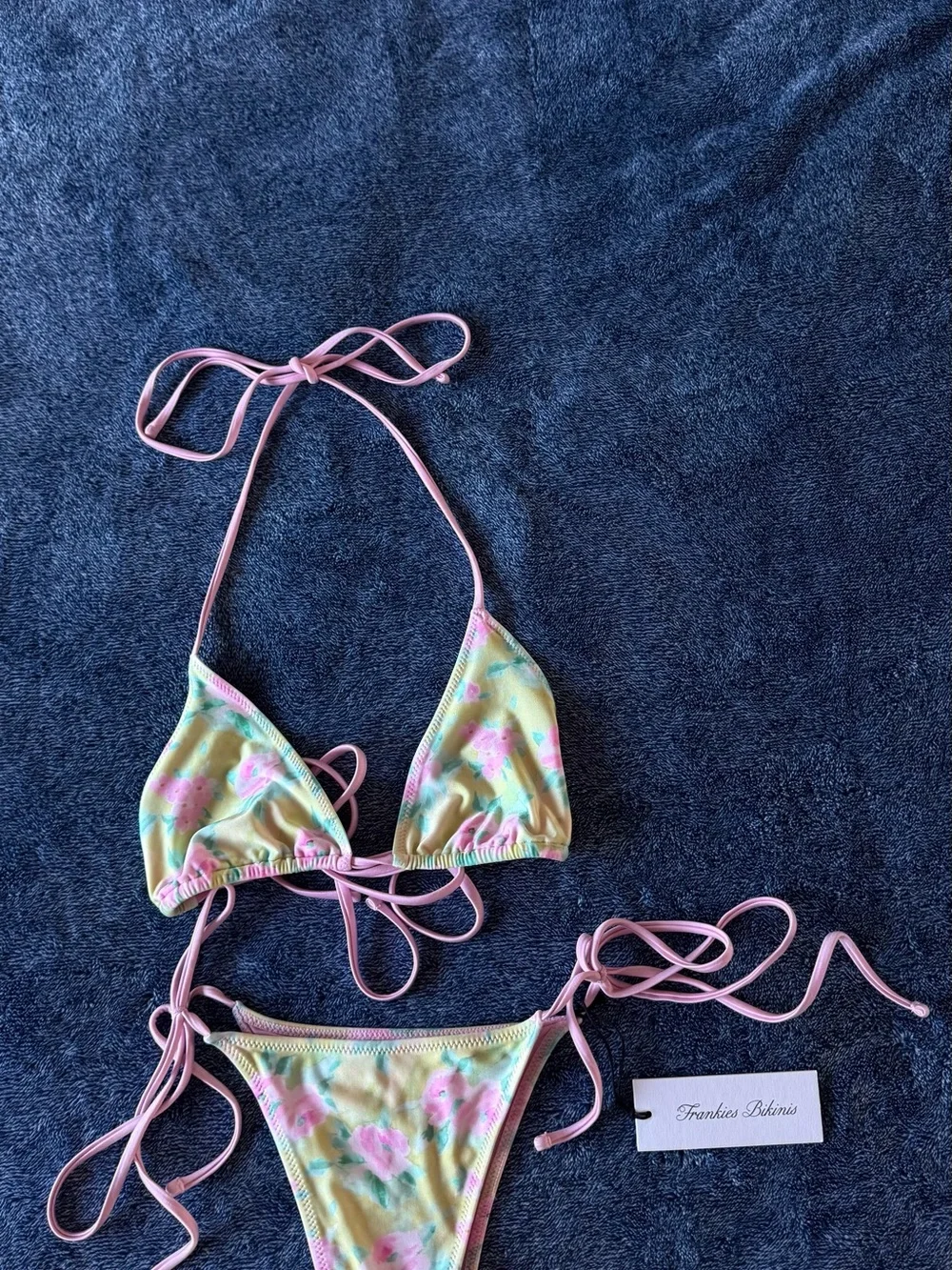 NWT Frankies Bikinis Pink Floral Tie-Side  Bikini Set in Nymphaea👙🩷💚🌸